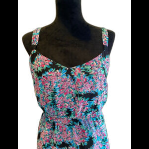 I Heart Ronson Maxi Dress Size Large V Neck Floral Pink Blue Elastic Waist